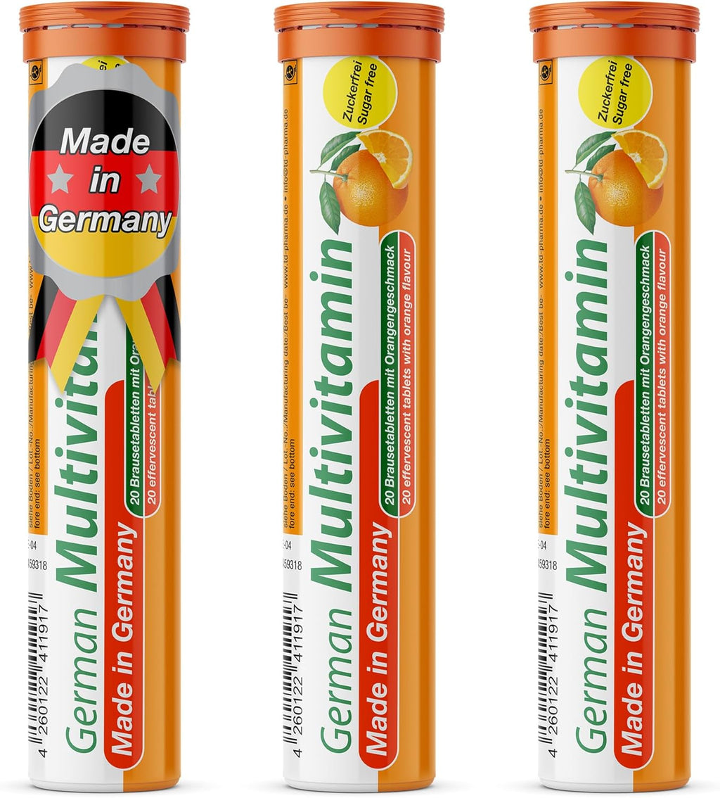 T&D German Multivitamin Drink Effervescnet Tablets 60 Servings Orange Flavour - Vitamin C, E, B1, B2, B6, B12, Biotin, Folic Acid, Niacin, Pantothenic Acid Pharma – Made in Germany