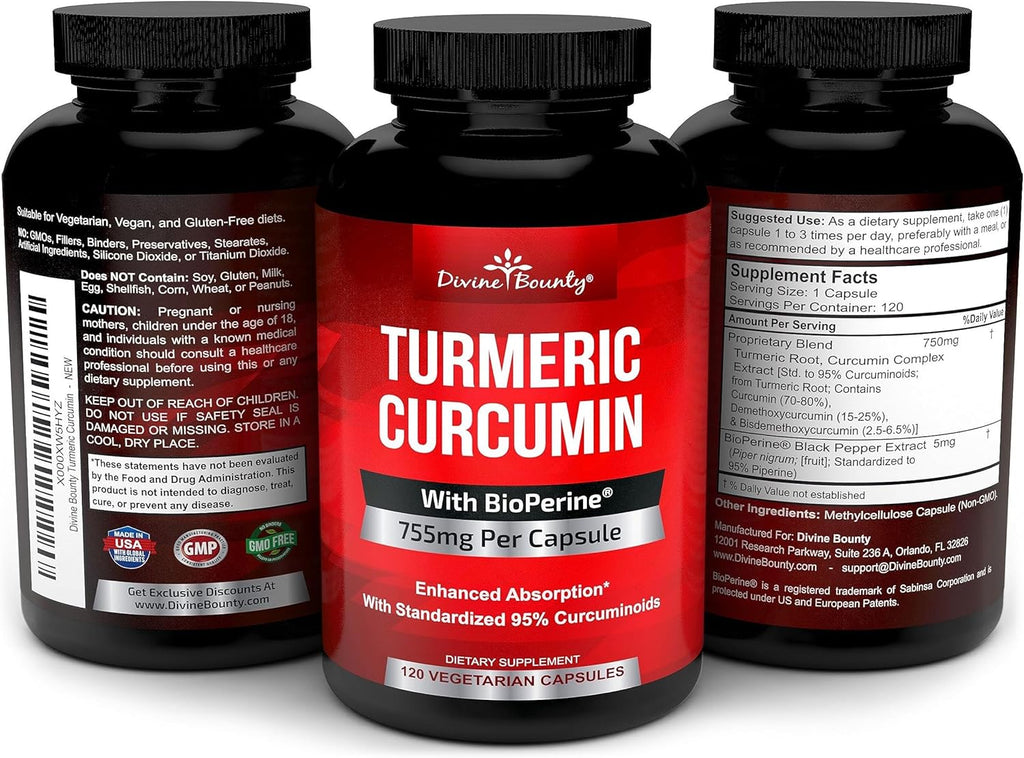 Turmeric Curcumin with BioPerine Black Pepper Extract - 755mg per Capsule, 120 Veg. Capsules - GMO Free Tumeric, Standardized to 95% Curcuminoids for Maximum Potency