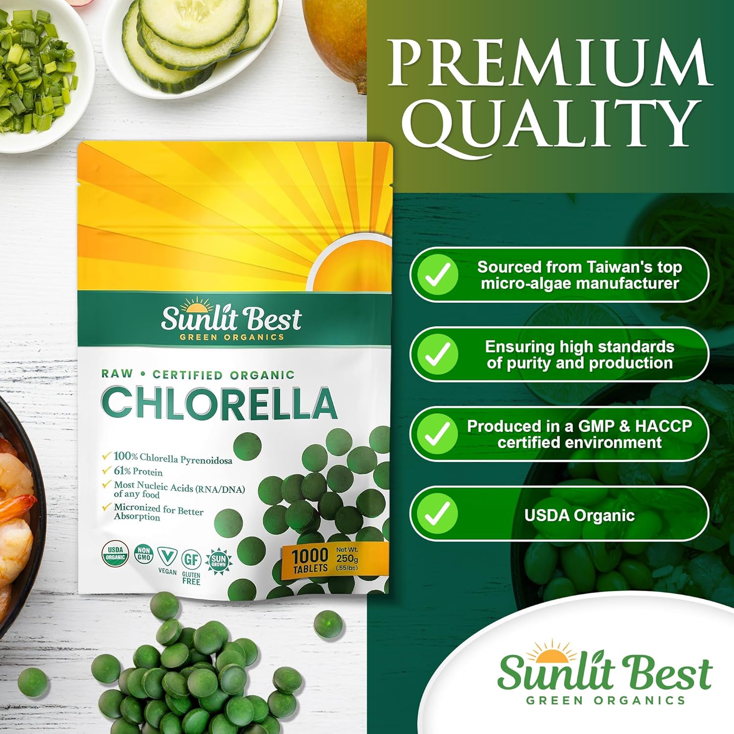 Sunlit Best USDA Organic Premium Chlorella Tablets 1000 Count | 100% Pure Chlorella Superfood Supplement High in Protein, Chlorophyll, Vitamins, & Minerals | Supports Good Health, Wellbeing