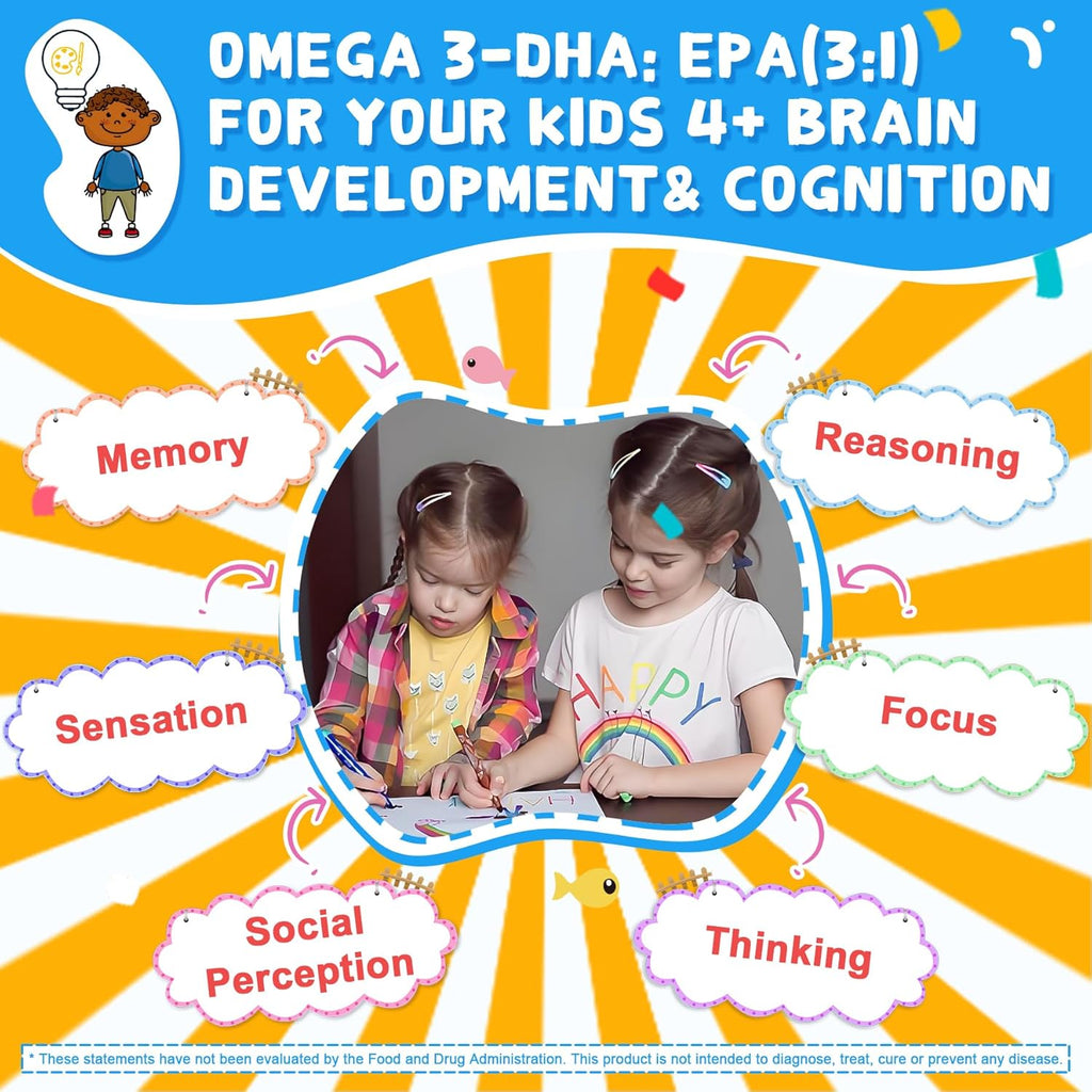 Omega 3 (EPA/DHA) Filled Gummies for Kids with Multivitamin, Calcium + D3 + K2 + Zinc, Plus Vitamin A B1 B2 B12 C, Selenium, Iodine for Brain, Eye, Bone, Energy, No Fish Taste, 2 Pack