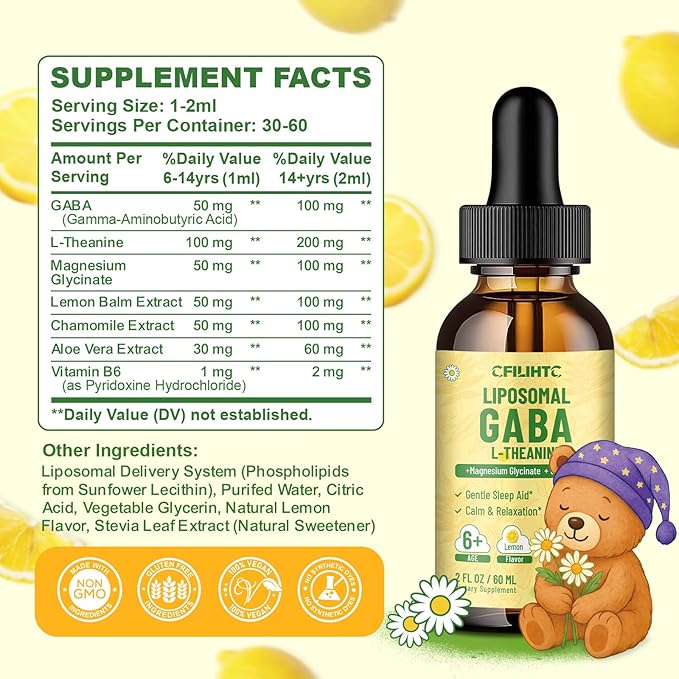 Liposomal GABA L-Theanine Drops for Kids - Liquid GABA Supplement with Magnesium, Chamomile, Lemon Balm & Vitamin B6 - Support Relaxation, Focus & Stress Relief for Kids & Adults - Lemon Flavor