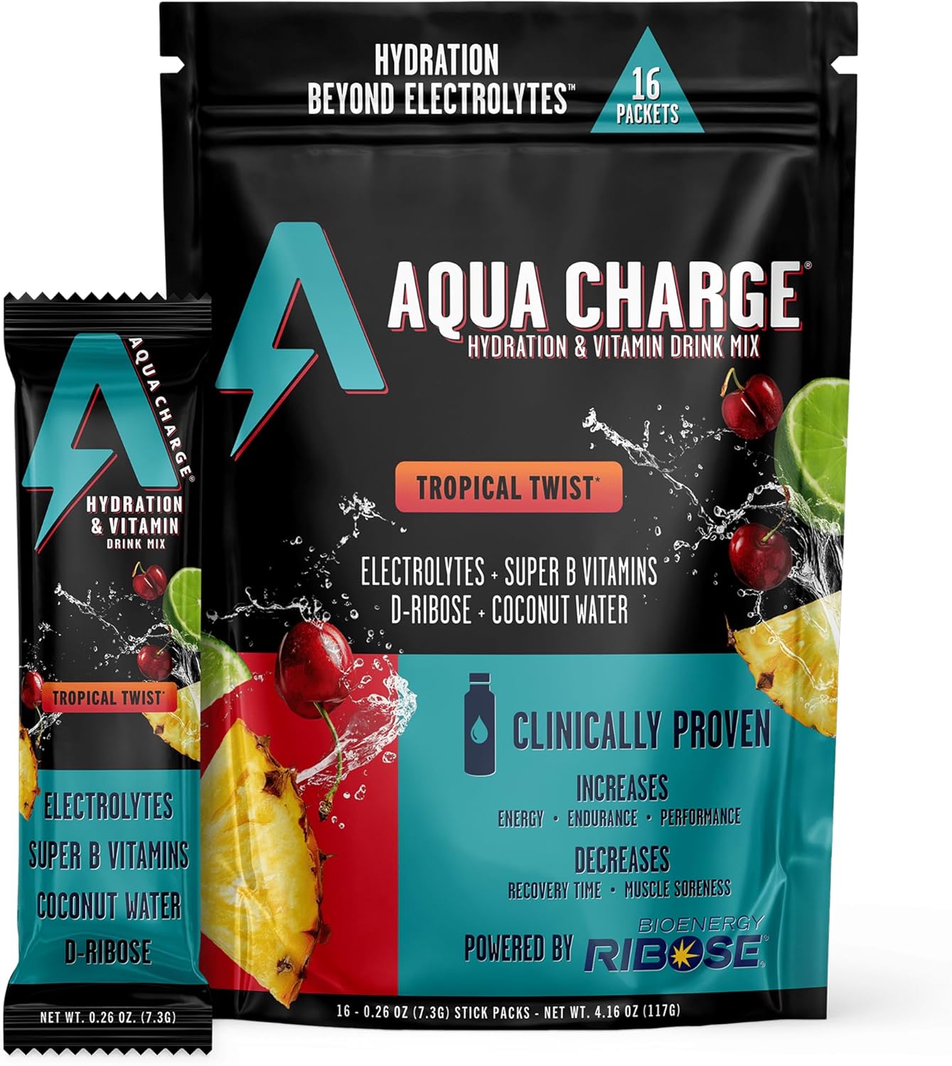 Grab The Gold Aqua Charge Electrolytes Drink Mix | Naturally Flavored Sugar-Free Hydration Drinks with B Vitamins | Vegan, Gluten-Free, Non-GMO | Tropical Twist - 16 Packs