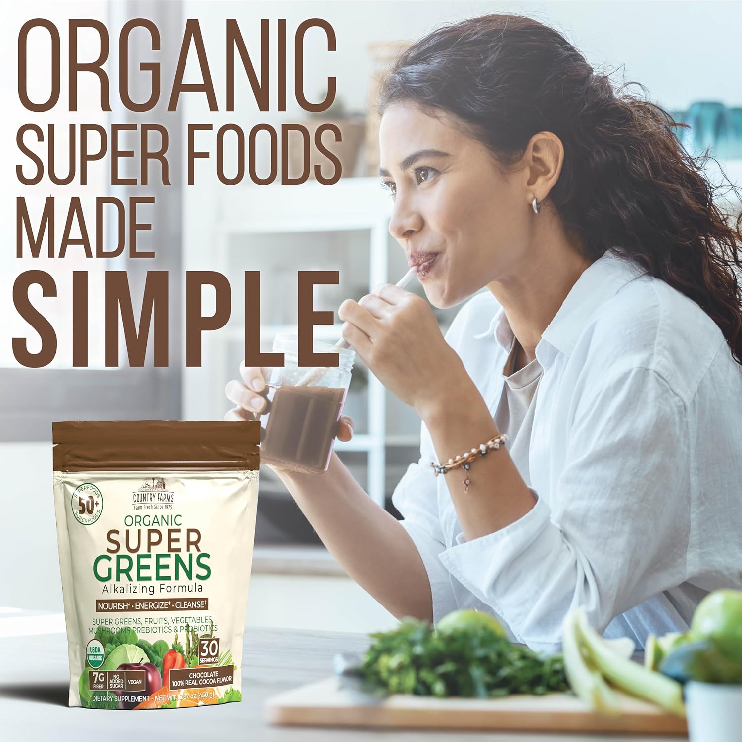 COUNTRY FARMS Super Greens Chocolate Flavor, 50 Organic Super Foods, USDA Organic Drink Mix (Wheat Grass, Spirulina, Chlorella) Mushrooms & Probiotics, with Fiber, Natural Energy, 30 Servings