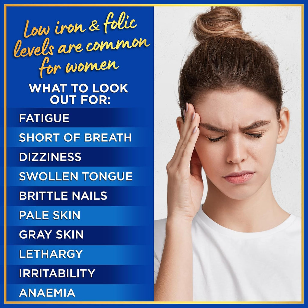 Iron and Folic Acid Supplements for Women - 35mg Gentle Iron Vitamin, Folic Acid 400mcg - Anemia, Period, Pregnancy Support Supplement, Ferrous Sulfate Pills - 60 Vegan Non-Constipating Tablets