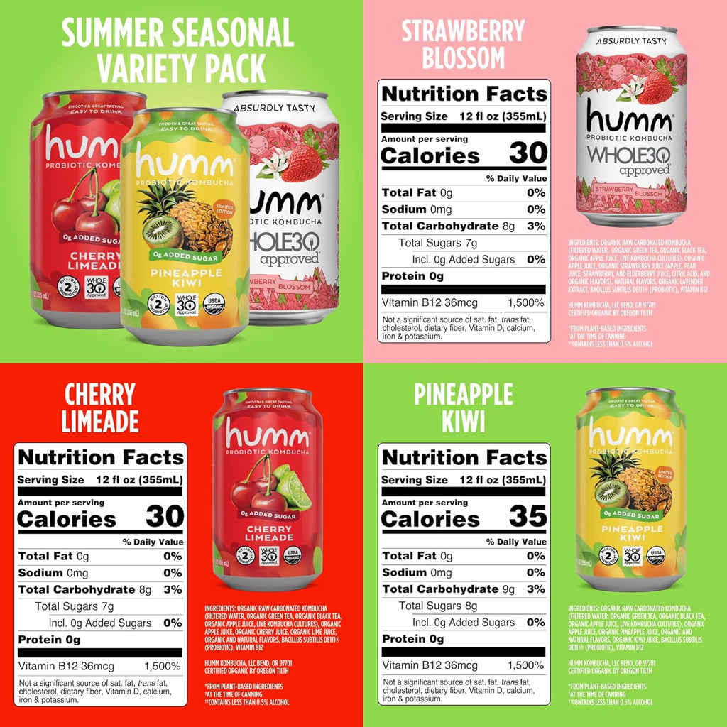 Humm Whole30 Approved Kombucha Seasonal Variety Pack, Strawberry Blossom, Cherry Limeade, Pineapple Kiwi, Organic, Vegan & GMO Free (12 Pack)
