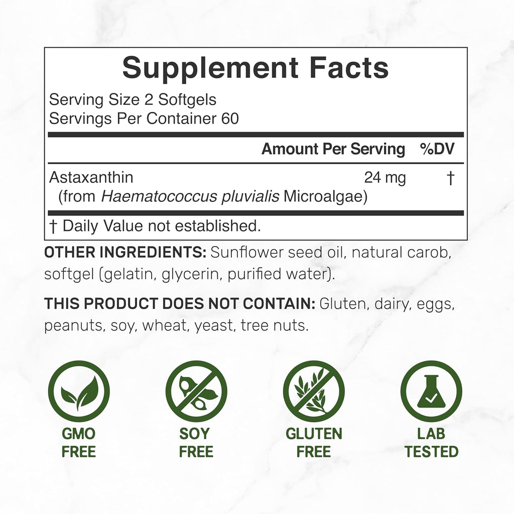 Astaxanthin 24mg Per Serving, 120 Softgels – Double Strength Microalgae – Natural Tanning Pills – Antioxidant Supplements for Skin, Eyes, Joints & Immune Support – Non-GMO