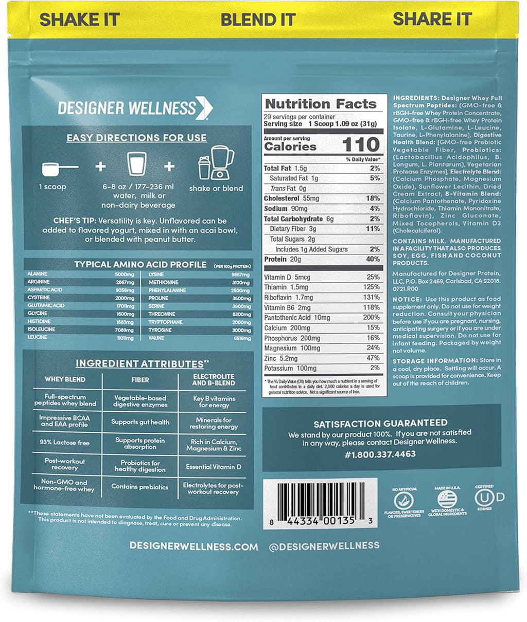 Designer Wellness, Designer Whey, Natural Whey Protein Powder with Probiotics, Fiber, and Key B-Vitamins for Energy, Gluten-Free, Purely Unflavored, 2 lb