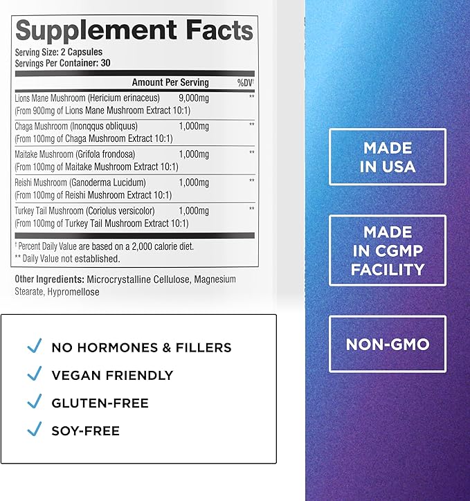 DR. EMIL NUTRITION 9000mg Organic Lions Mane Supplement Capsules with Chaga, Reishi & Maitake - Natural Mushroom Blend for Wellness Support