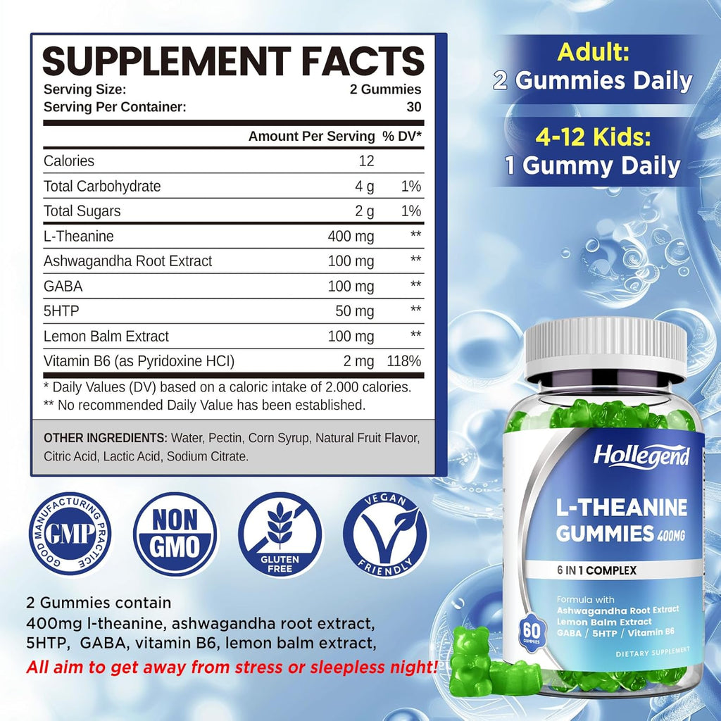 L-Theanine Gummies, l'theanine 400mg with Ashwagandha, GABA, 5HTP,L-Theanine Chewable Supplement for Relax, Zzz & Focus Support, Vegan, Lemon Flavor, 120 Counts