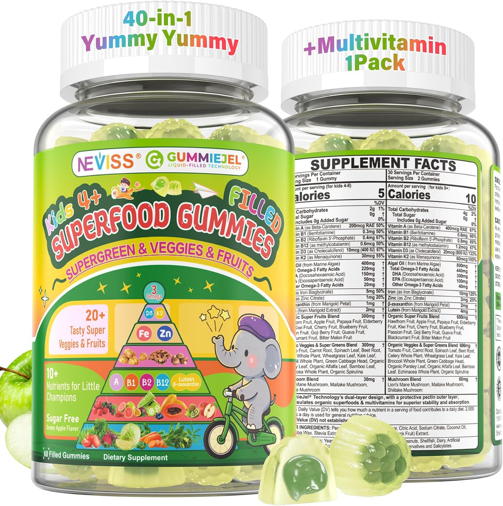 NEVISS Kids Super Greens 40-in-1 Gummies w/Multivitamin, Omega3, Iron, Picky Eater Organic Super Fruits Veggies Gummy, Superfood Supplement, Mushroom, Lutein | Immune, Bone, Brain, Energy, Sugar Free