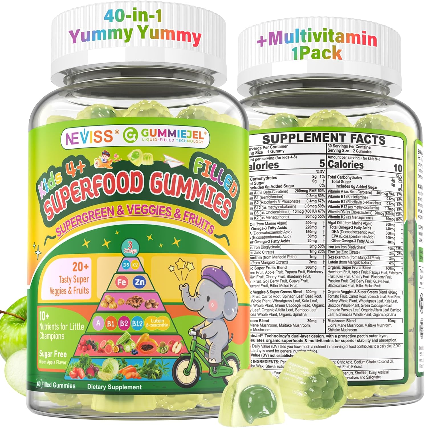NEVISS Kids Super Greens 40-in-1 Gummies w/Multivitamin, Omega3, Iron, Picky Eater Organic Super Fruits Veggies Gummy, Superfood Supplement, Mushroom, Lutein | Immune, Bone, Brain, Energy, Sugar Free