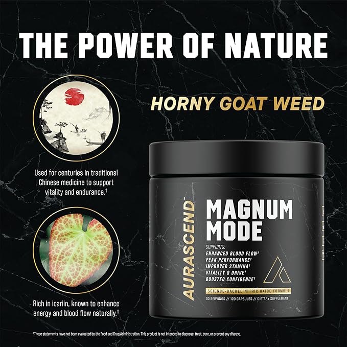 Aurascend Magnum Mode: Nitric Oxide Supplements for Men w/L Arginine, Natural Blood Flow Boost, Stamina Support, Energy Maximizer, Metabolic Pre Workout | 120 Count