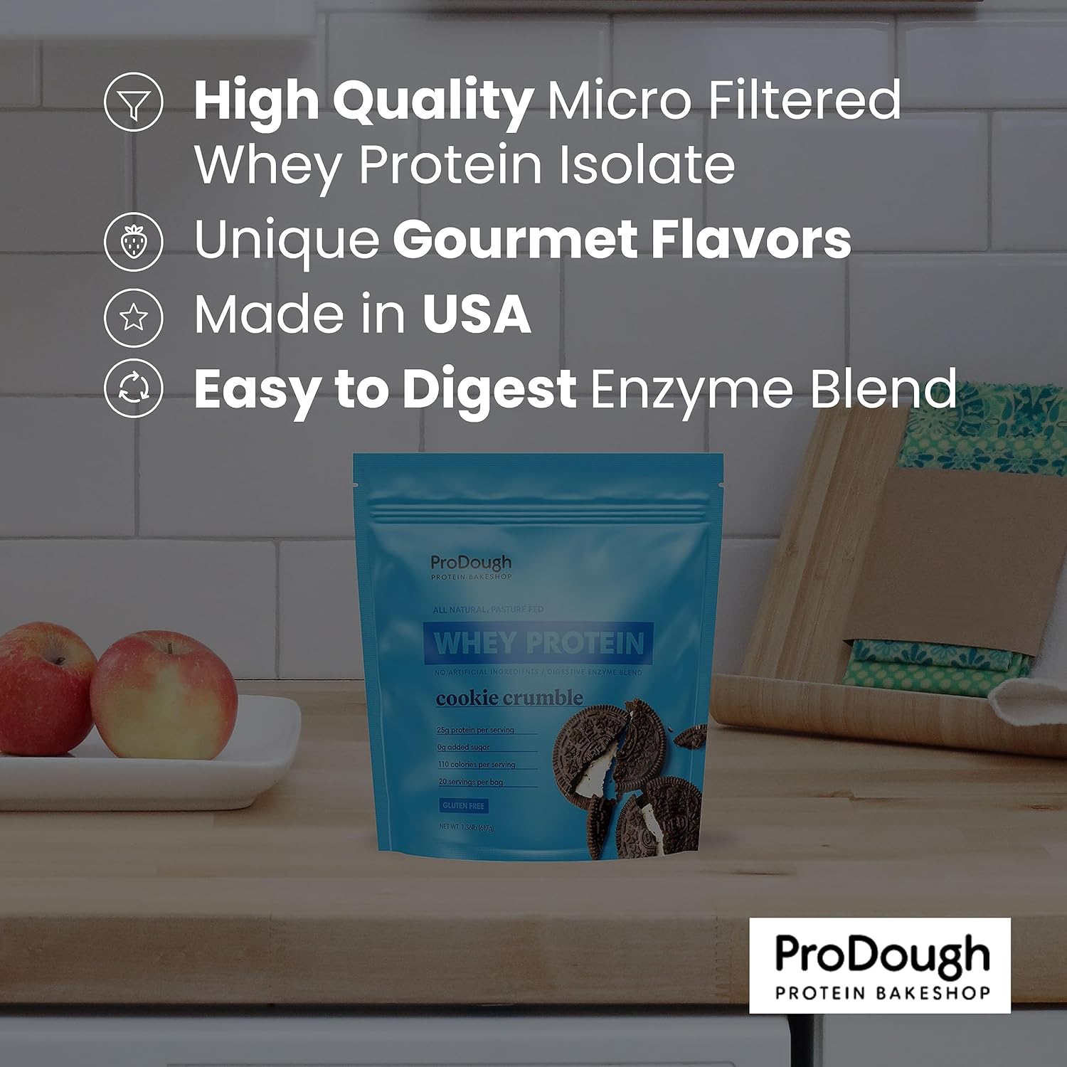 ProDough Gourmet Whey Isolate Hydrolized Protein Powder for Shake Mix- Easy Digest Enzyme Blend, 25g Protein per Serving, Natural Ingredients, Gluten Free, Keto Friendly (Glazed Donut)