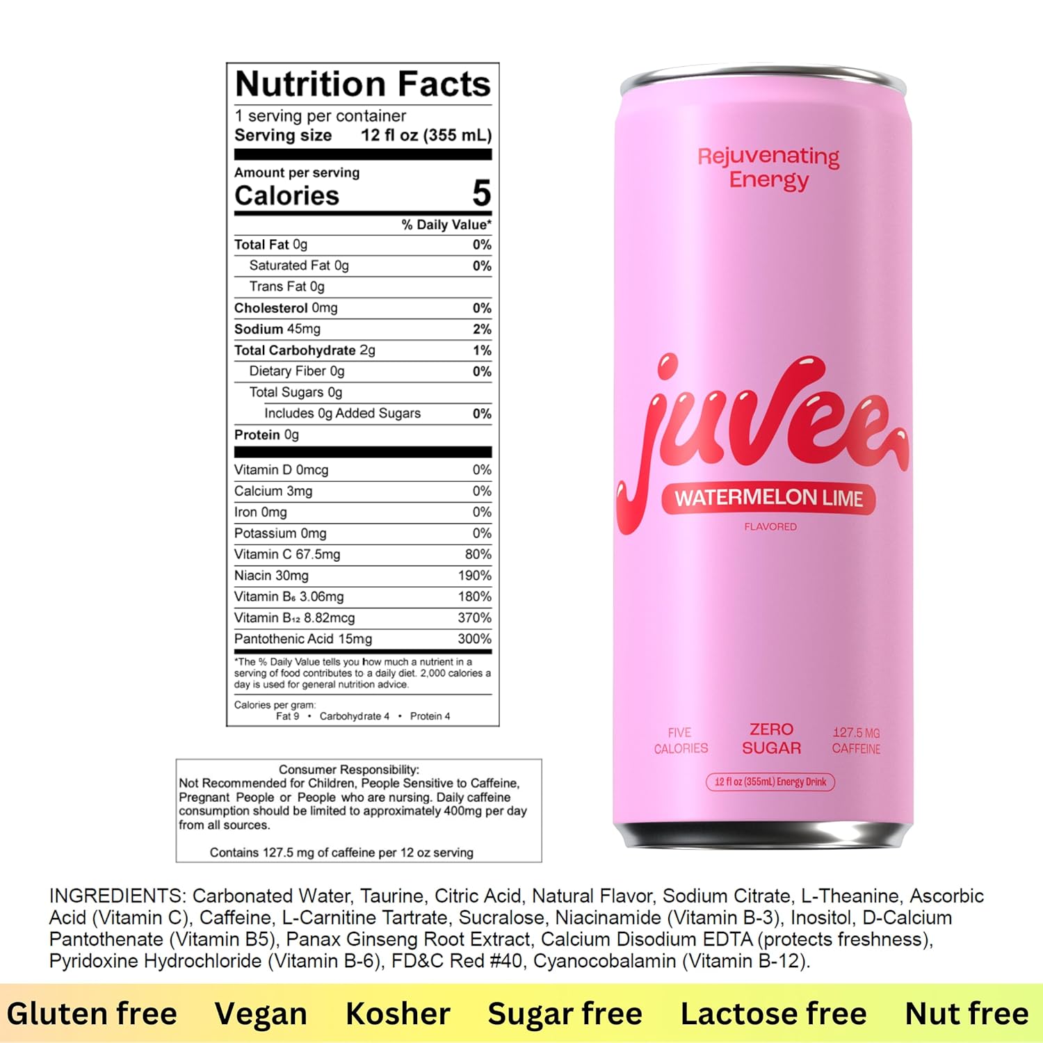 Juvee Energy Drink 0 Sugar 5 Calories (Pack of 12) (WATERMELON LIME)