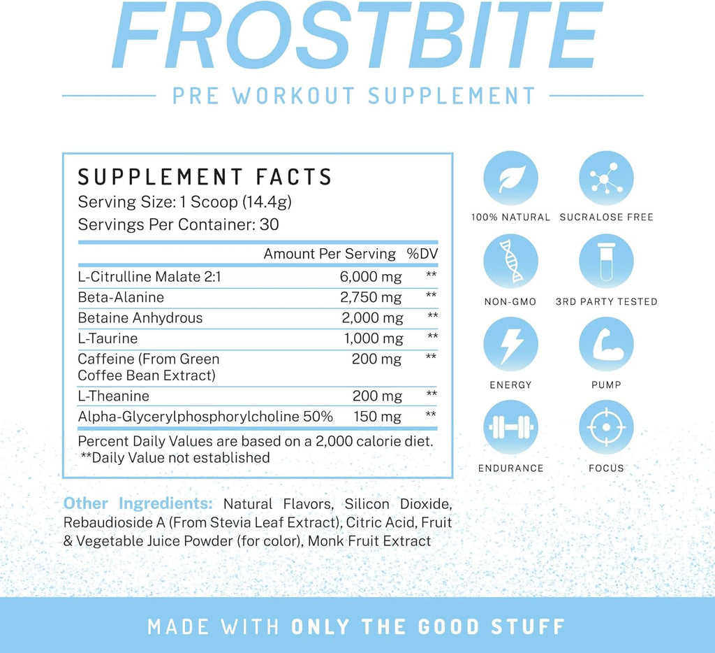 PWDRS Pre-Workout Powder, All Natural Pre Workout for Energy, Pump, Endurance & Strength, with Caffeine (Frostbite)