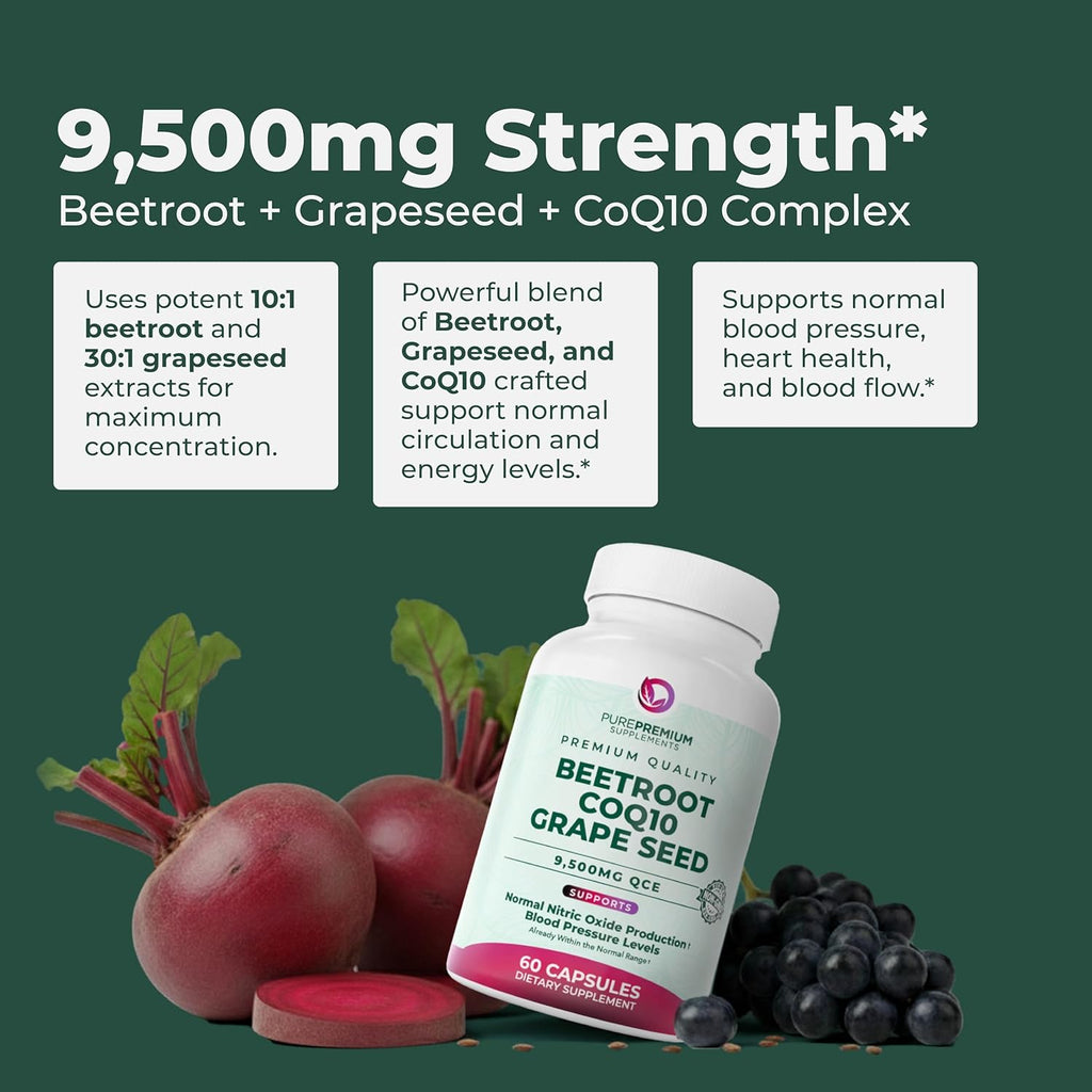 PurePremium Beet Root Capsules - 3-in-1 Blood Pressure Supplements with Beets, CoQ10 & Grapeseed - Beetroot Capsules Nitric Oxide Supplement for Normal Heart Health & Circulation Health - 60ct