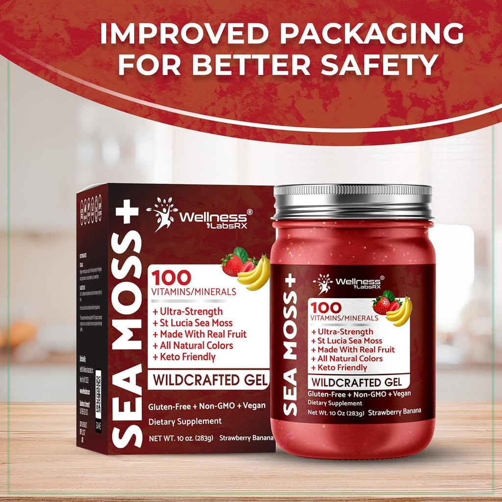 Irish Sea Moss Gel Raw - Wildcrafted Superfood Seamoss Gel - Strawberry Banana Flavor, Vitamin and Mineral-Rich from Pristine Caribbean Waters, Immune and Digestive Health Support - 10 oz.