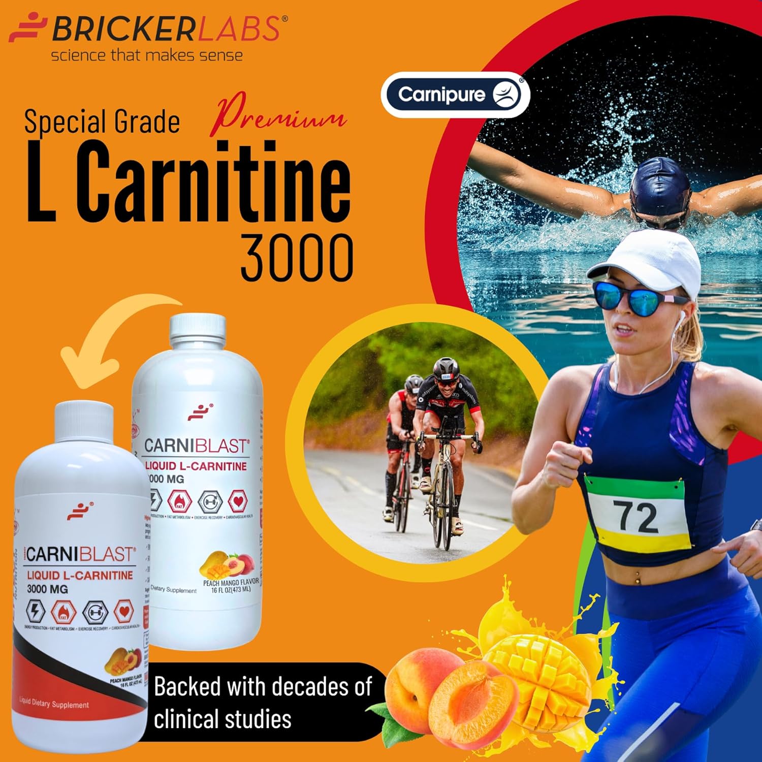CARNIBLAST Liquid L-Carnitine 3000mg – Carnipure® Sports Nutrition Supplement for Energy, Stamina & Workout Recovery – Peach Mango Flavor, 16 Fl Oz, Vegan, Gluten-Free, Non-GMO
