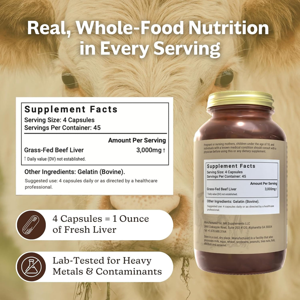 MK Supplements – Grass Fed Beef Liver 3000 mg, Freeze-Dried Beef Liver Capsules, 100% Pasture-Raised in New Zealand, 180 Liver Capsules, 45-Day Supply