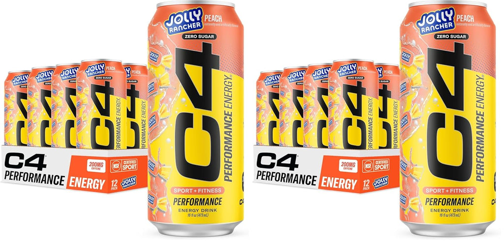 Cellucor C4 Performance Energy Drink | JOLLY RANCHER Peach | Zero Sugar Carbonated Preworkout Energy | 200mg Caffeine with Beta Alanine | 16 Fl Oz (24 Pack)