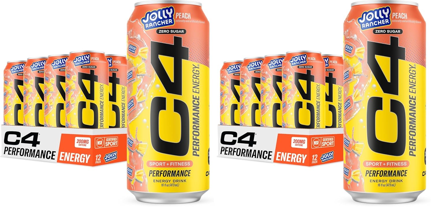 Cellucor C4 Performance Energy Drink | JOLLY RANCHER Peach | Zero Sugar Carbonated Preworkout Energy | 200mg Caffeine with Beta Alanine | 16 Fl Oz (24 Pack)