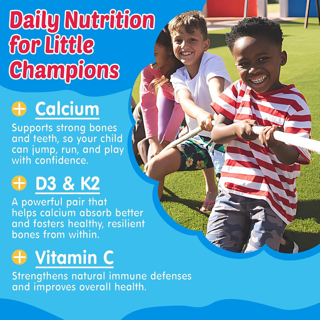 Kids Omega 3 Gummies + Calcium, Vitamin D3 & K2, C, Omega-3 DHA/EPA Gummies for Strong Bones, Focus & Memory, Immune Support, Kids Omega3 Supplement - No Fish Taste, Non-GMO, Chewable, Vegan, 2 Pack