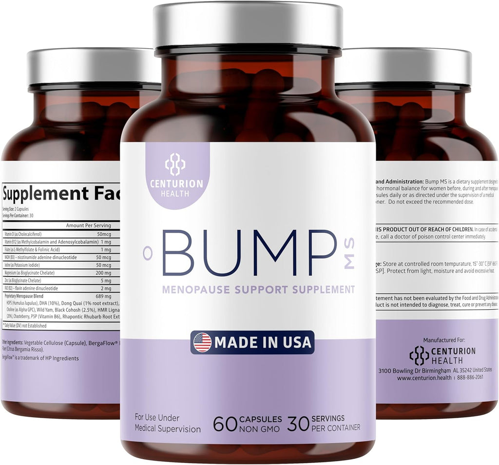 Centurion Labs Bump MS, Complete Herbal Menopause Supplement for Women, 19 Powerful Ingredients with Dong Quai, Black Cohosh, Folinic Acid, Methylfolate, Wild Yam, Choline and DHA, 60 Caps