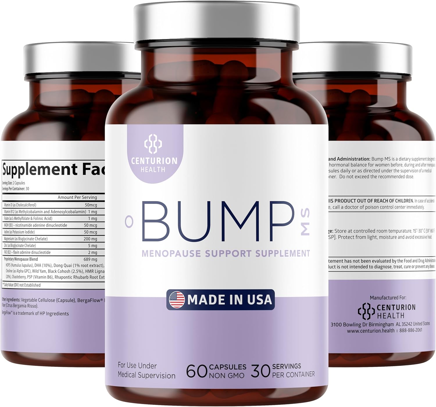 Centurion Labs Bump MS, Complete Herbal Menopause Supplement for Women, 19 Powerful Ingredients with Dong Quai, Black Cohosh, Folinic Acid, Methylfolate, Wild Yam, Choline and DHA, 60 Caps