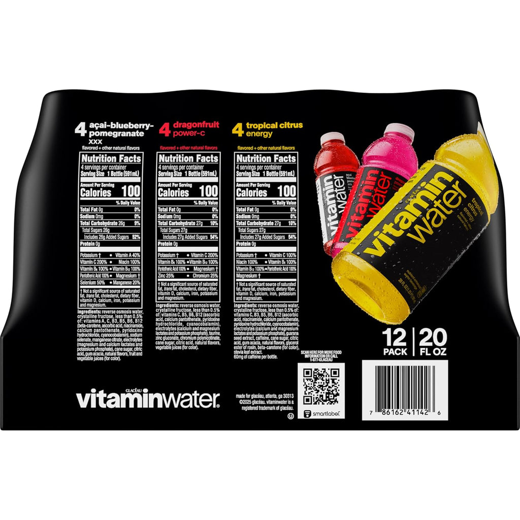 vitaminwater Variety Pack Nutrient Enhanced Flavored Water Beverage, 20 fl oz Bottles, 12 Pack