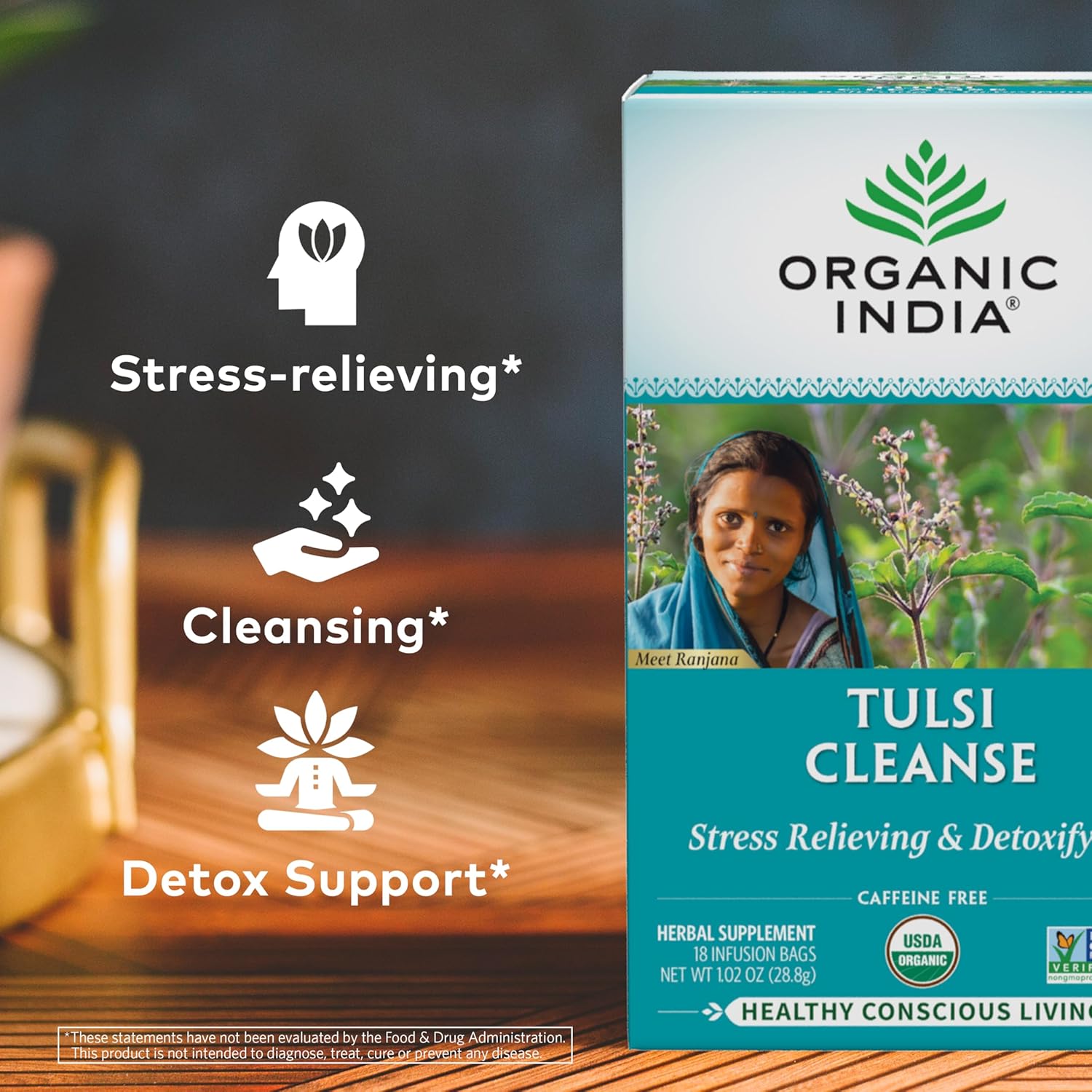 Organic India Tulsi Cleanse Herbal Tea - Holy Basil, Stress Relieving & Detoxifying, Immune Support, Adaptogen, Vegan, USDA Certified Organic, Non-GMO, Caffeine-Free - 18 Infusion Bags, 1 Pack