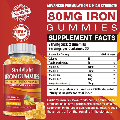 2 Pack Vegan 80MG Iron Supplement Gummies for Women & Men - Vitamin A, C, B for Adults & Kids - Blood & Builder & Energy Support for Iron Deficiency, Anemia, 120 Counts Pineapple Flavor Gummies