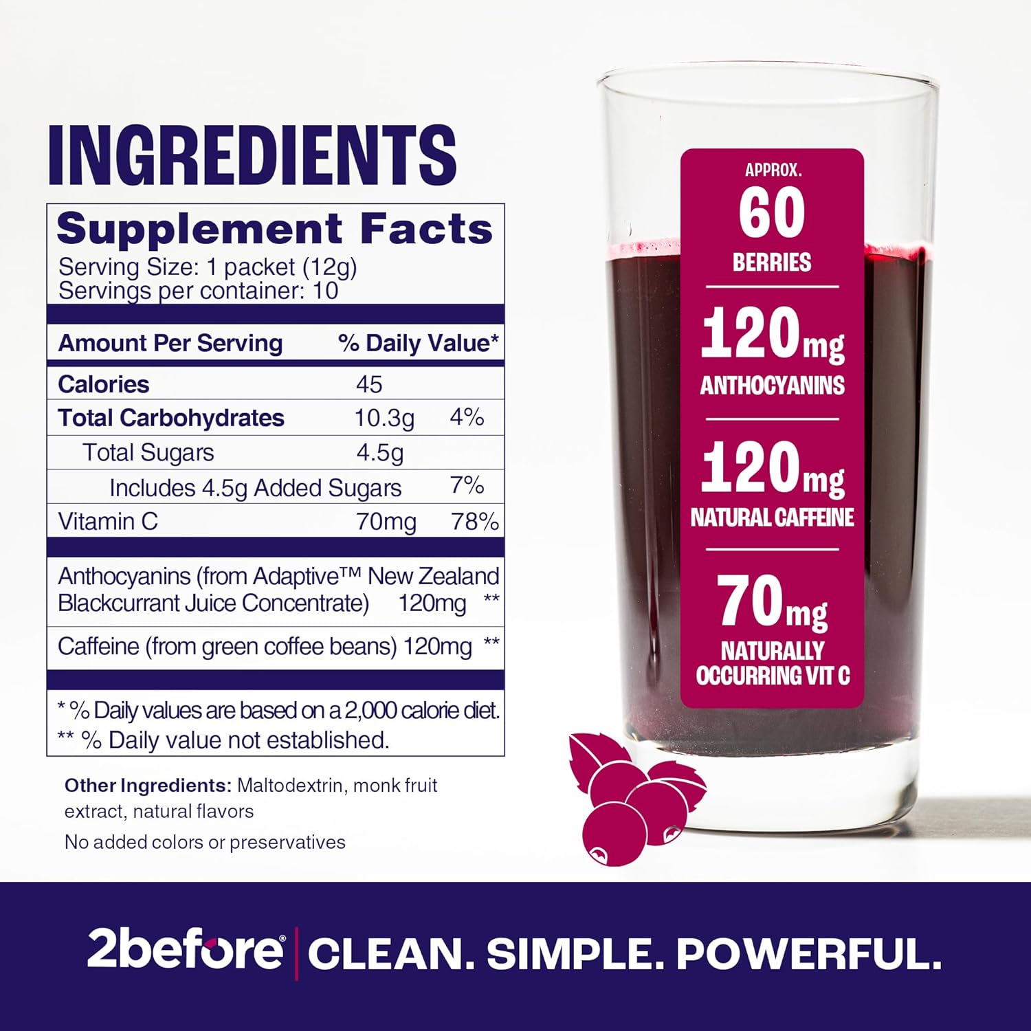 2before Blackcurrant I All Natural Vegan Pre Workout, with 120mg Caffeine I Clean Energy, Endurance, Recovery I Pre Workout Women and Men I 10 x Individual Packets I Informed Sports Certified