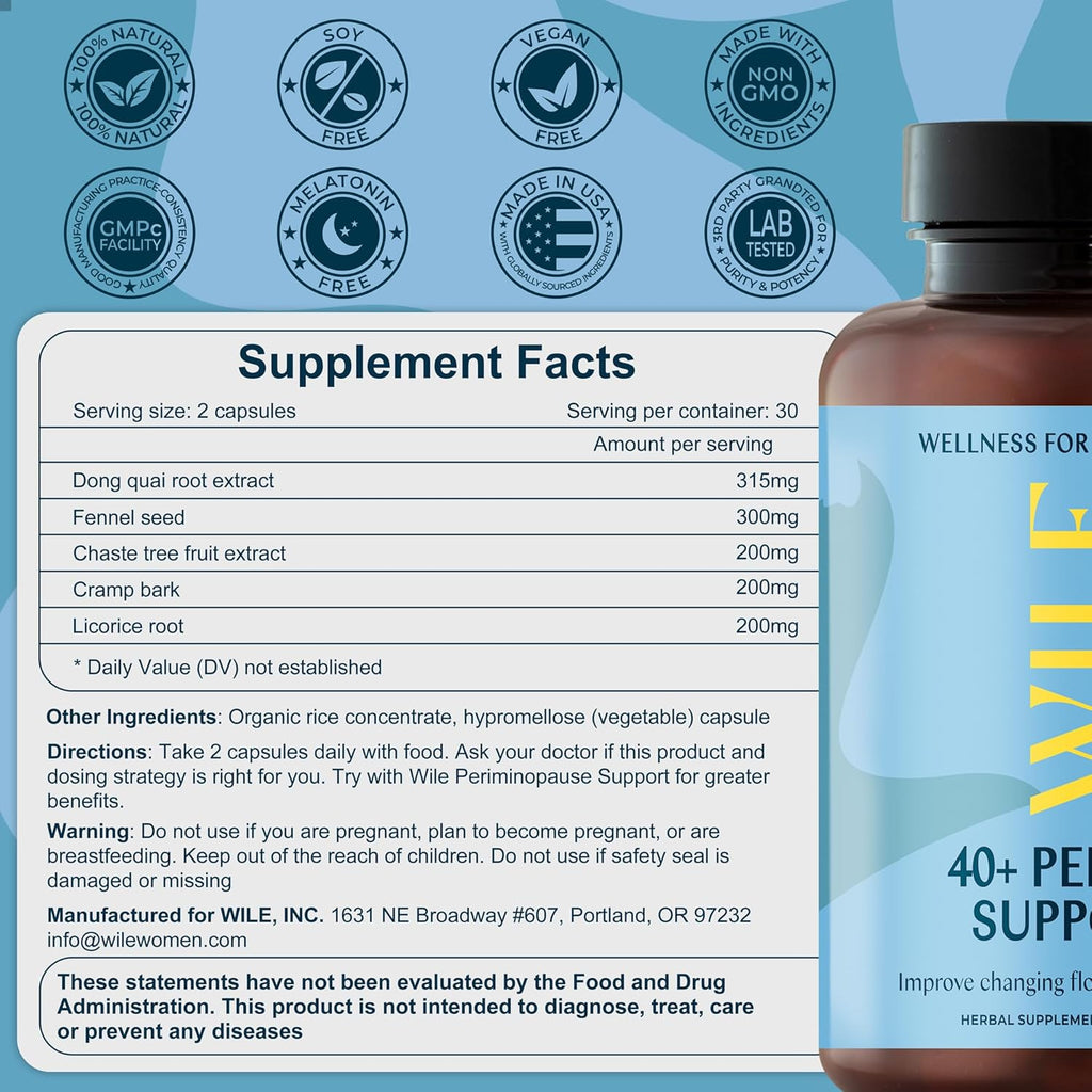 WILE Menopause and Perimenopause Supplements for Women - Menstrual Cramp, PMS and Heavy Period Relief with Dong Quai - Premenopausal Support for Hormone Balance & Improved Mood, Vegan, 30 Servings