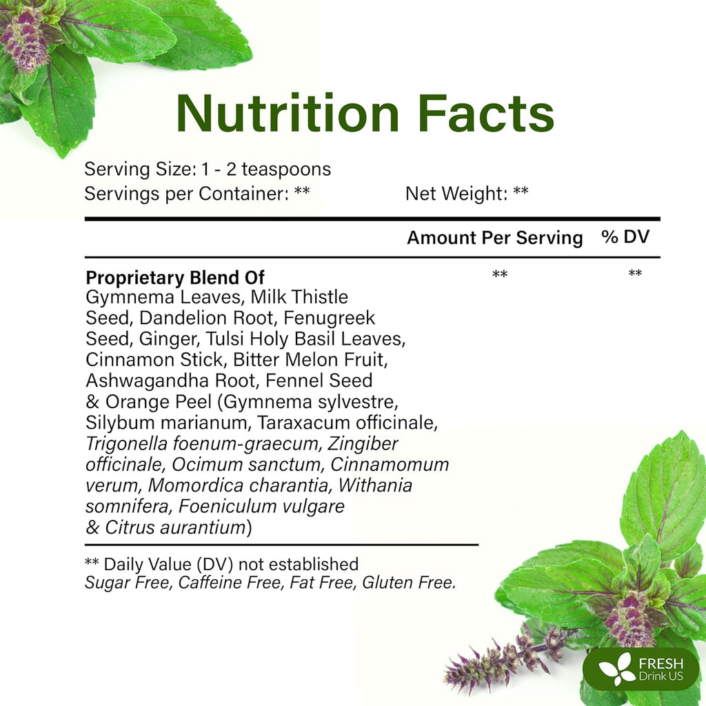 FreshDrinkUS, Glucose Functional Loose Leaf Tea | 4oz | Herbal Blend of Gymnema, Milk Thistle, Dandelion Root, Cinnamon & Ashwagandha – Naturally Caffeine-Free, Premium Quality, Balanced Flavor. Vegan
