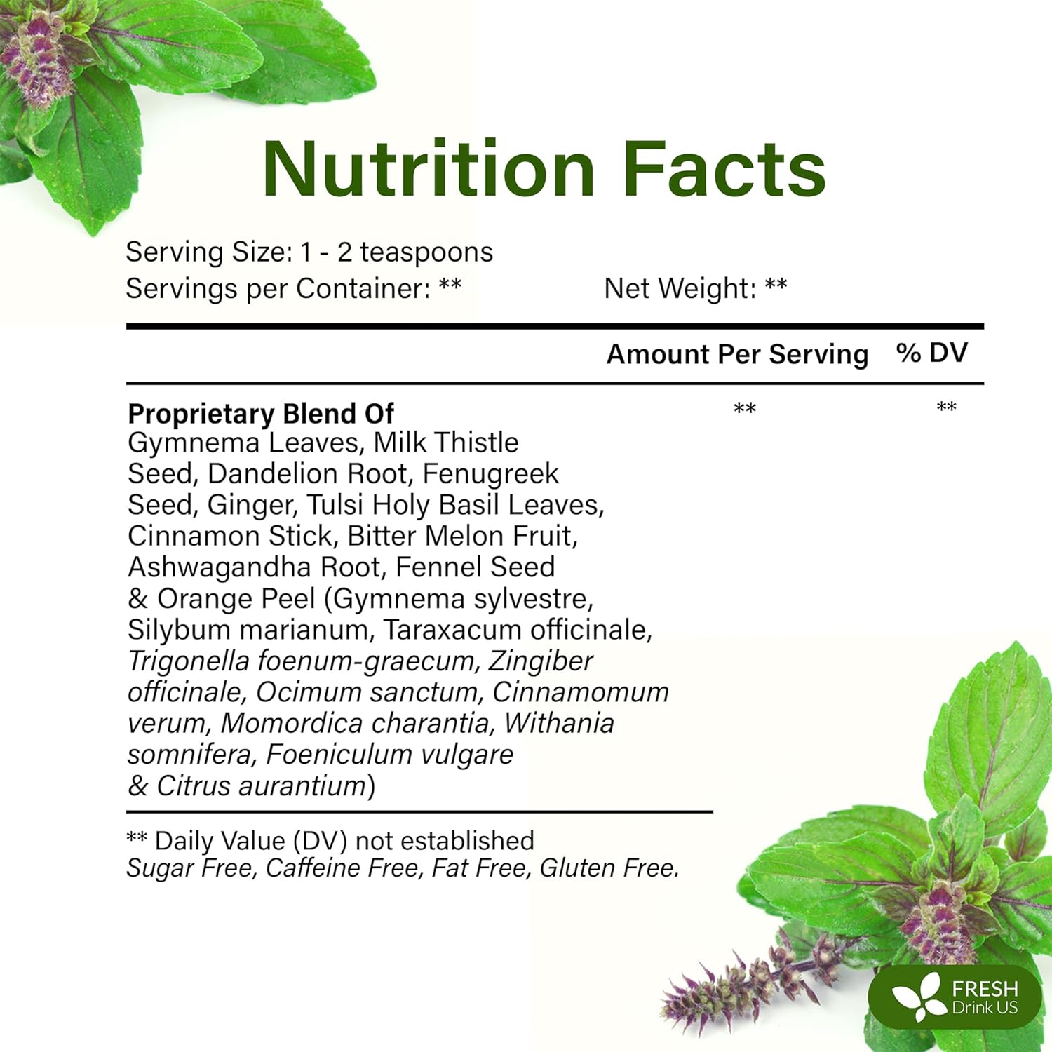 FreshDrinkUS, Glucose Functional Loose Leaf Tea | 4oz | Herbal Blend of Gymnema, Milk Thistle, Dandelion Root, Cinnamon & Ashwagandha – Naturally Caffeine-Free, Premium Quality, Balanced Flavor. Vegan