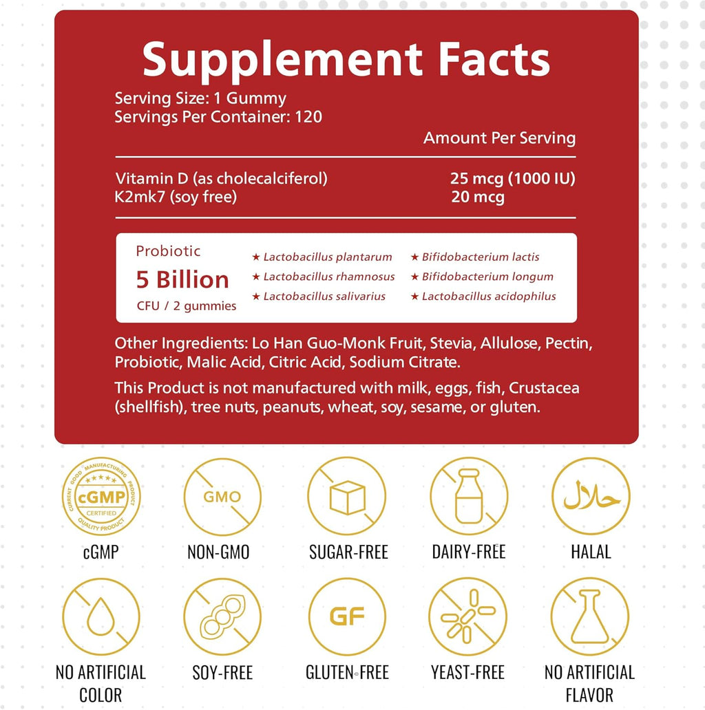 KEN Vitamin D3 K2 with Probiotic for Kids, Sugar-Free Gummies for Calcium Absorption, Bone Support, 5 Billion CFU Probiotics for Gut Balance and Immune Function, Non-GMO 120 Strawberry Flavor Gummies