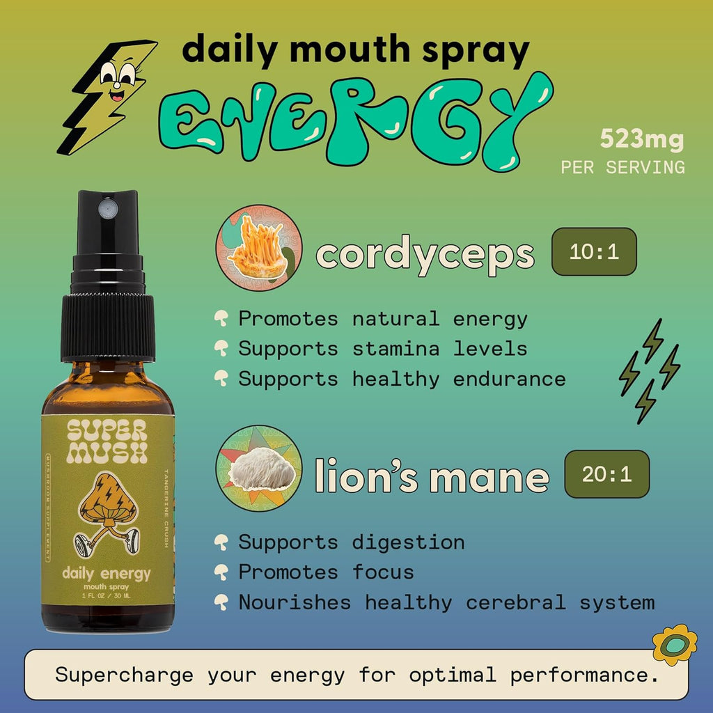 Daily Energy Mouth Spray - Mushroom Supplement - Lions Mane & Cordyceps Mixed Mushrooms Extract Pure Liquid Sprays for Focus, Stamina & Clarity - 30ml Organic Lions Mane Fungi Spray