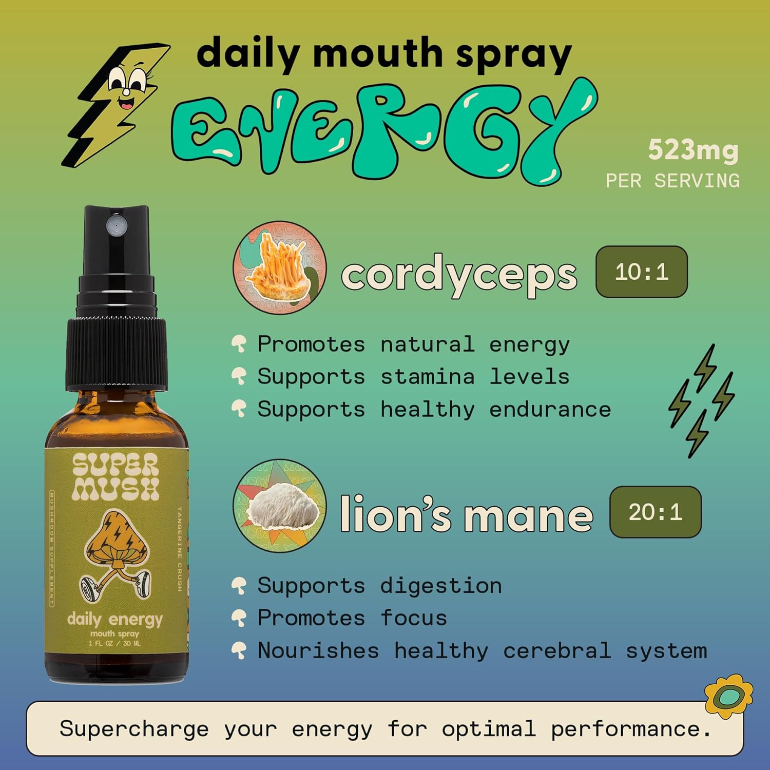 Daily Energy Mouth Spray - Mushroom Supplement - Lions Mane & Cordyceps Mixed Mushrooms Extract Pure Liquid Sprays for Focus, Stamina & Clarity - 30ml Organic Lions Mane Fungi Spray