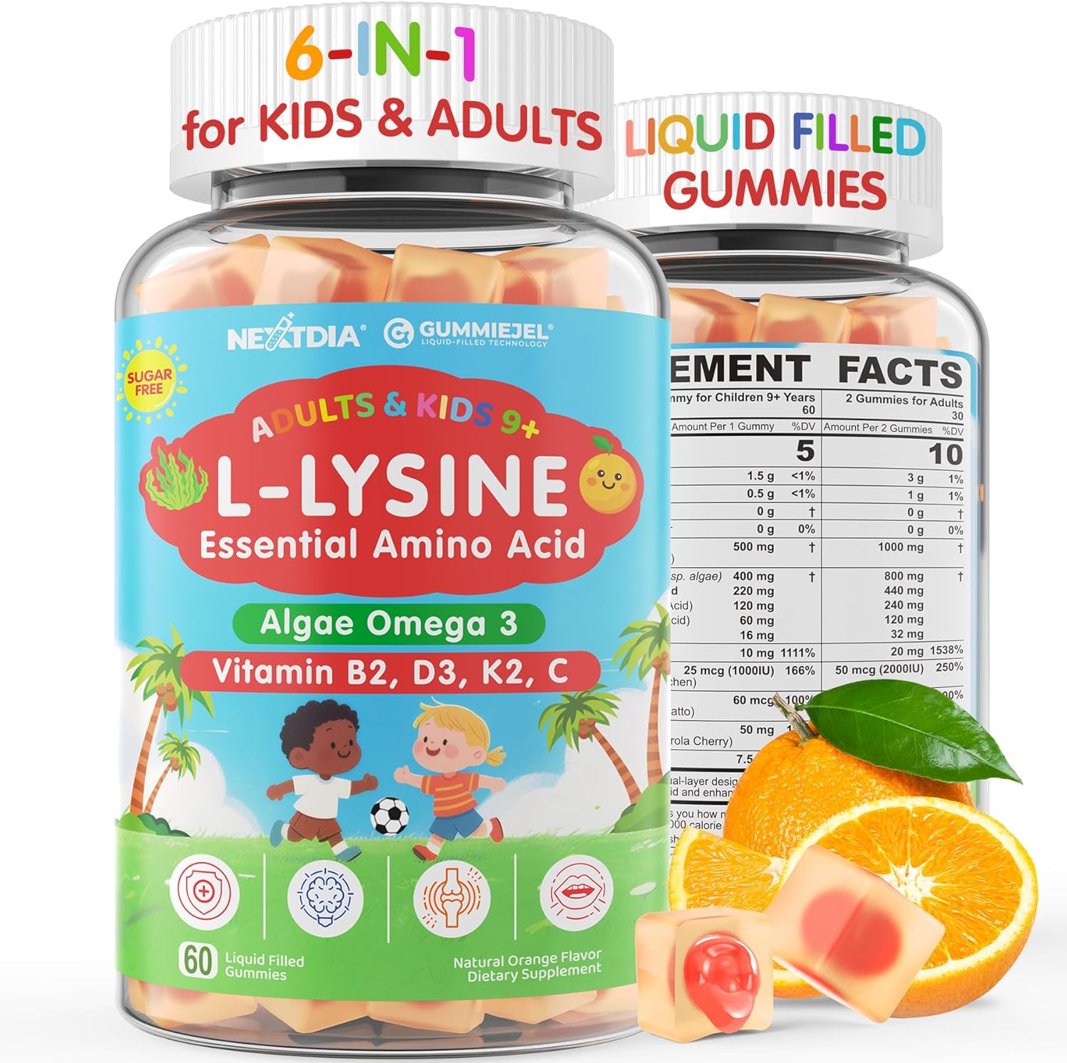L-Lysine Gummies 500/1000mg with Algae Omega 3, Vitamin B2, D3, K2, C for Adults & Kids 9+, Lysine Supplement Support Immune, Lip & Oral, Collagen Production, Brain, Bone Health, Sugar Free 1Pack