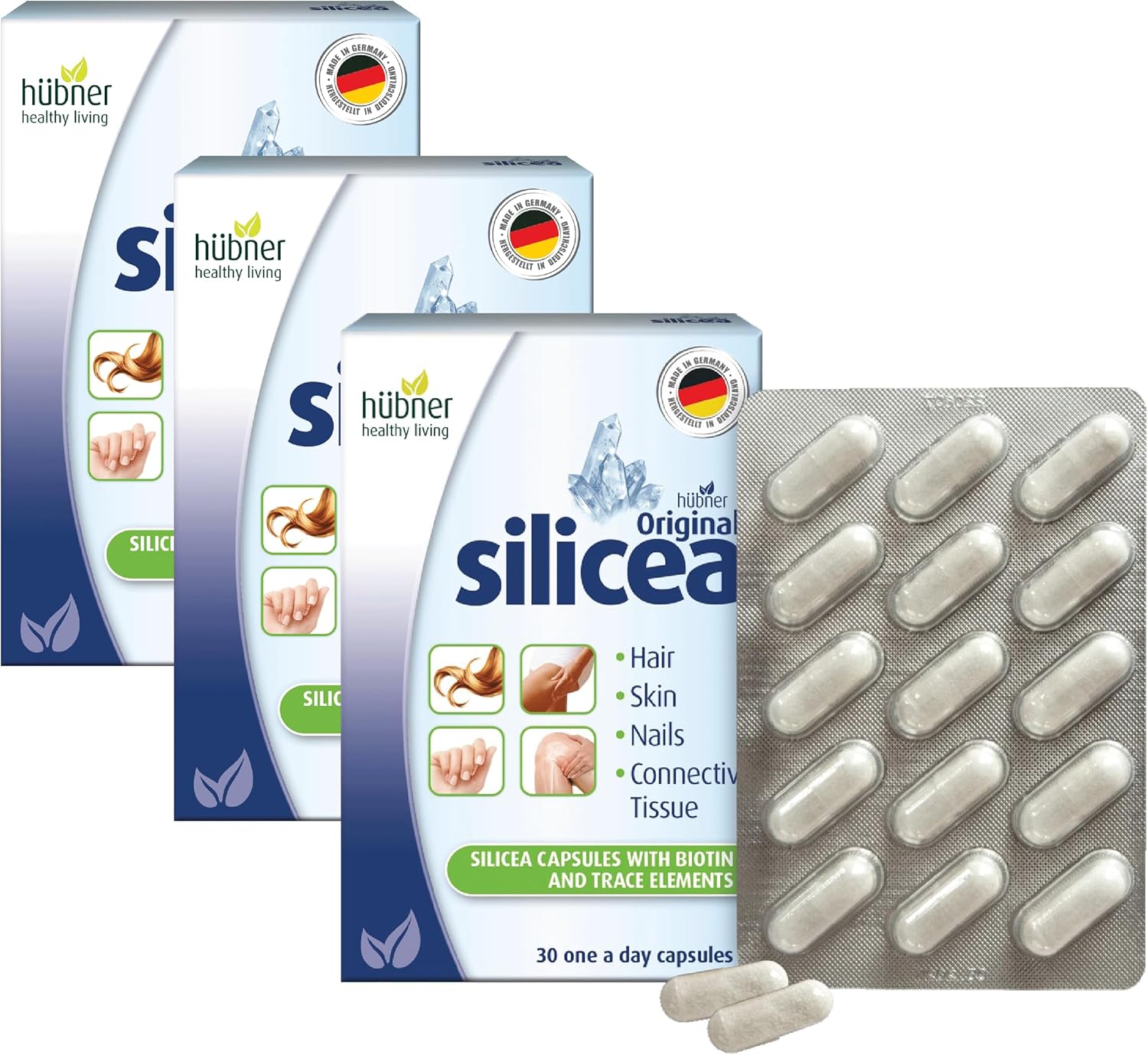 Hübner Original Silicea Gel One a Day Capsules for Hair, Skin, Nails, and Connective Tissue, Pure Colloidal Silica Gel Formula, No Additives or Preservatives, 30 Servings, 3-Pack