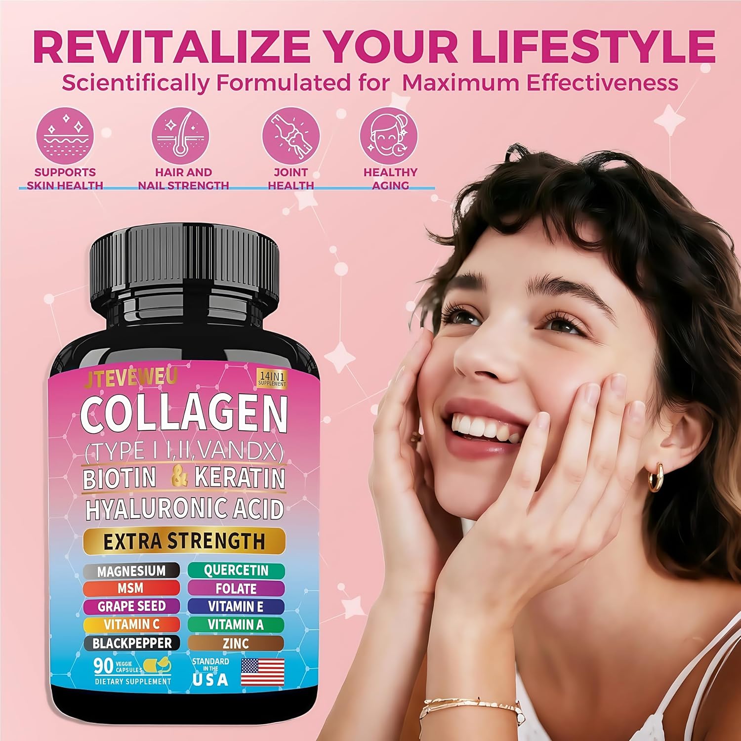 Collagen Supplement - Type I, II, III, V and X - with Biotin, Keratin, Hyaluronic Acid & 13+ Extra Strength Ingredients - （90 Capsules）