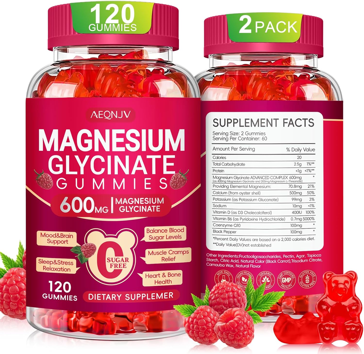 Magnesium Glycinate Gummies 600mg, Sugar Free Magnesium Gummies for Adults with L-Threonate, Chewable Potassium Supplements for Sleep, Body Support and Relaxation, 2 Pack