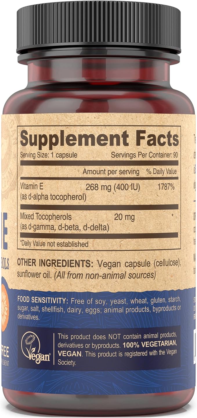 DEVA Vegan Vitamins Natural Vitamin E 400IU with Mixed Tocopherols, Supports Immune System & Skin Nutrition, Natural Antioxidant & Gluten Free, Dairy Free, Non-GMO, 90 Capsules