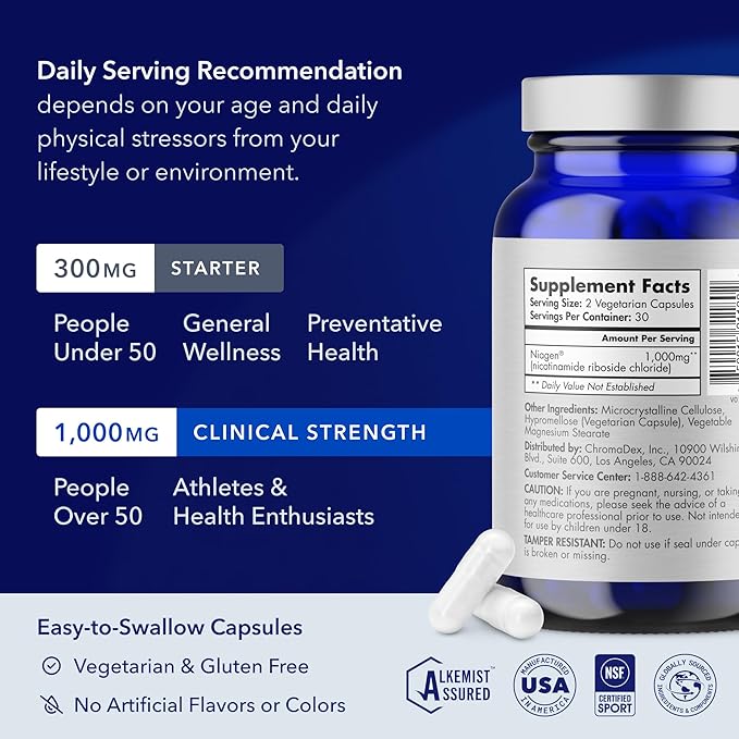 TRU NIAGEN PRO NAD Supplement for Brain Function, Anti Aging, Cell Regeneration | Patented Niagen | Supports Cellular Energy | Nicotinamide Riboside (NR) | 30-1000mg Servings (2x500mg, Take 2 Daily)