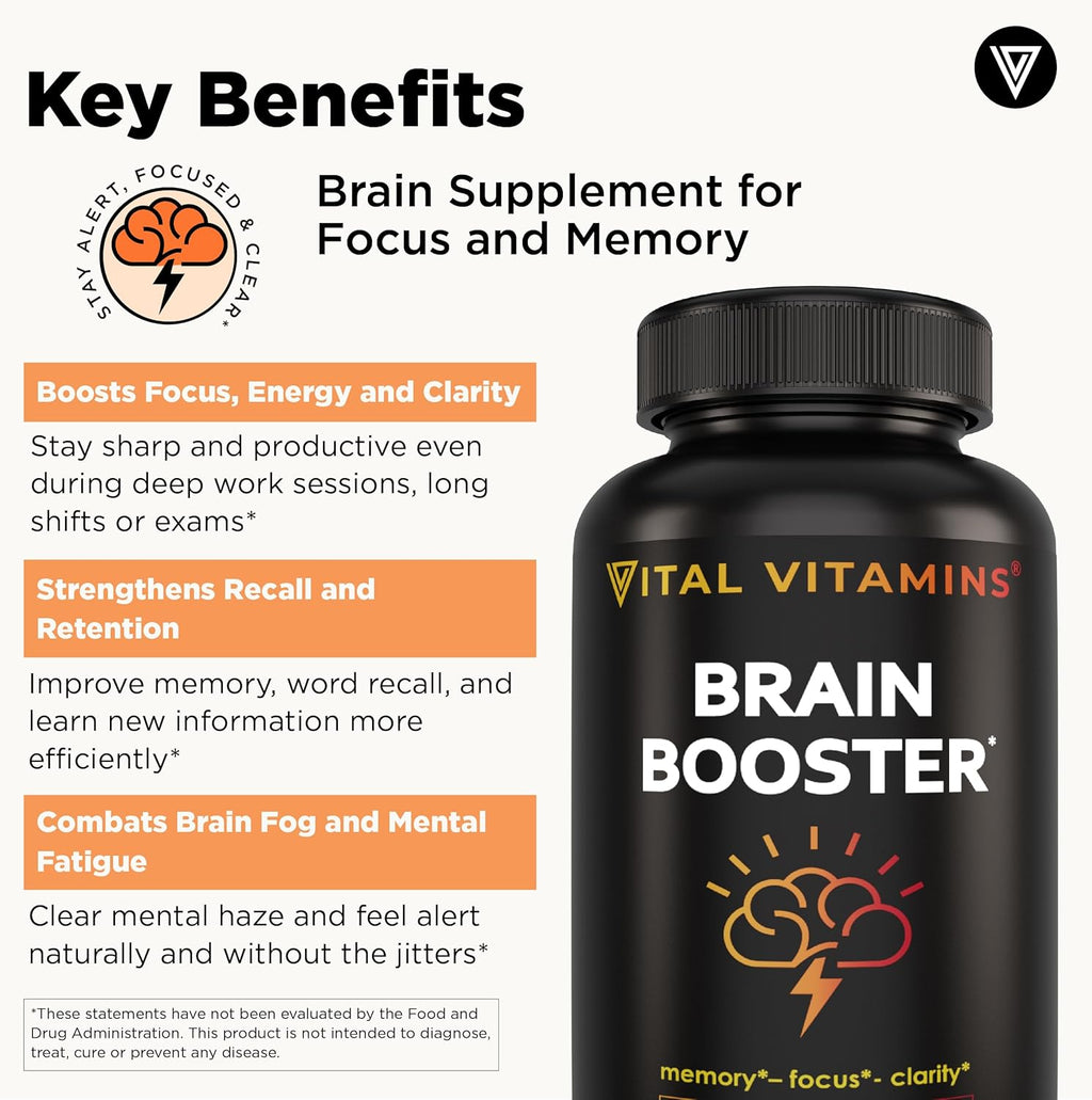 Vital Vitamins Brain Supplements with Bacopa Monnieri - for Memory and Focus – Nootropic Brain Booster - Caffeine-Free Support for Adults & Seniors – Non-GMO, 30-Day Supply, 30 Capsules