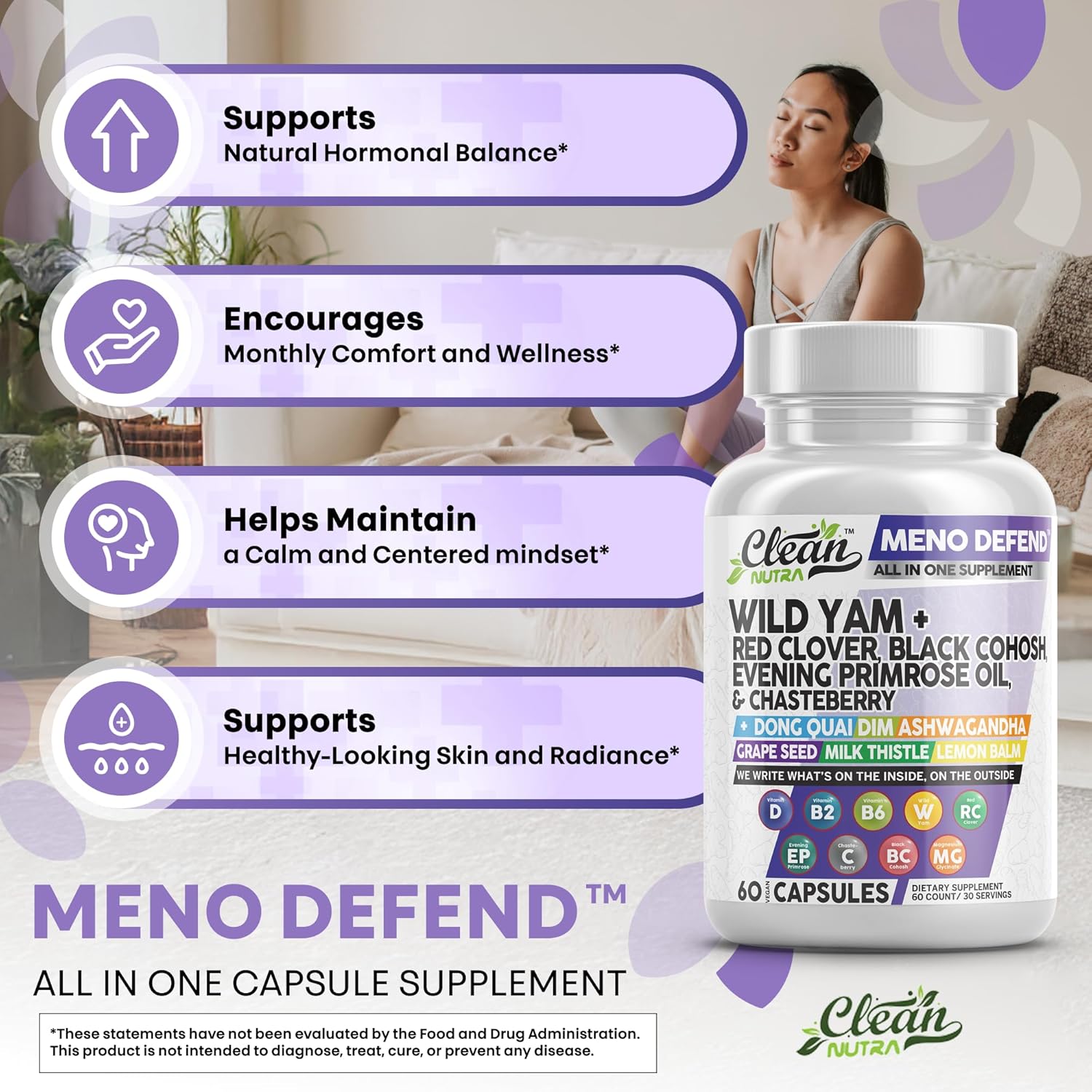 Clean Nutra Wild Yam Root Capsules with Red Clover Black Cohosh Evening Primrose Oil Chasteberry Dong Quai DIM Ashwagandha Grape Seed Extract Milk Thistle Lemon Balm and more Hormone Balance For Women
