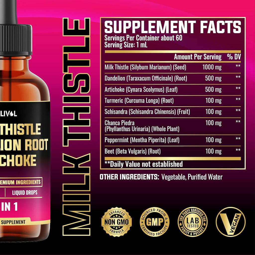 8in1 Milk Thistle Liquid Drops with Dandelion Root Extract, Artichoke Tincture, Turmeric Curcumin, Schisandra Berry, Chanca Piedra, Peppermint and Beet Root - 60 Days Supply - 2 Fl Oz