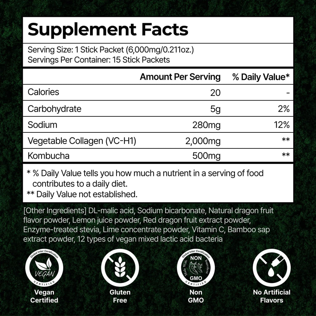 PLANT Vegan Collagen Peptide + Kombucha Powder + Probioitics + Vitamin C | Tripeptide Vegetarian Collagen Booster 2000mg, Dragonfruit Lime |15 packets, Gut & Skin Health Anti-Aging Hydration drink mix