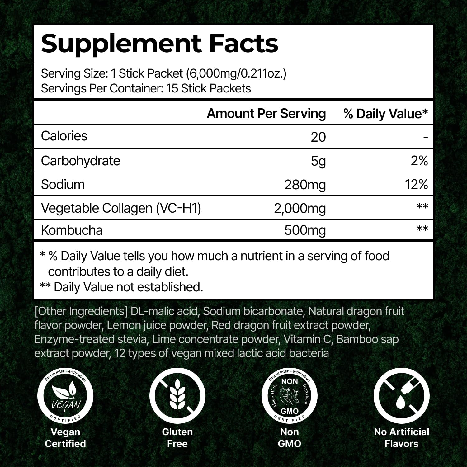 PLANT Vegan Collagen Peptide + Kombucha Powder + Probioitics + Vitamin C | Tripeptide Vegetarian Collagen Booster 2000mg, Dragonfruit Lime |15 packets, Gut & Skin Health Anti-Aging Hydration drink mix