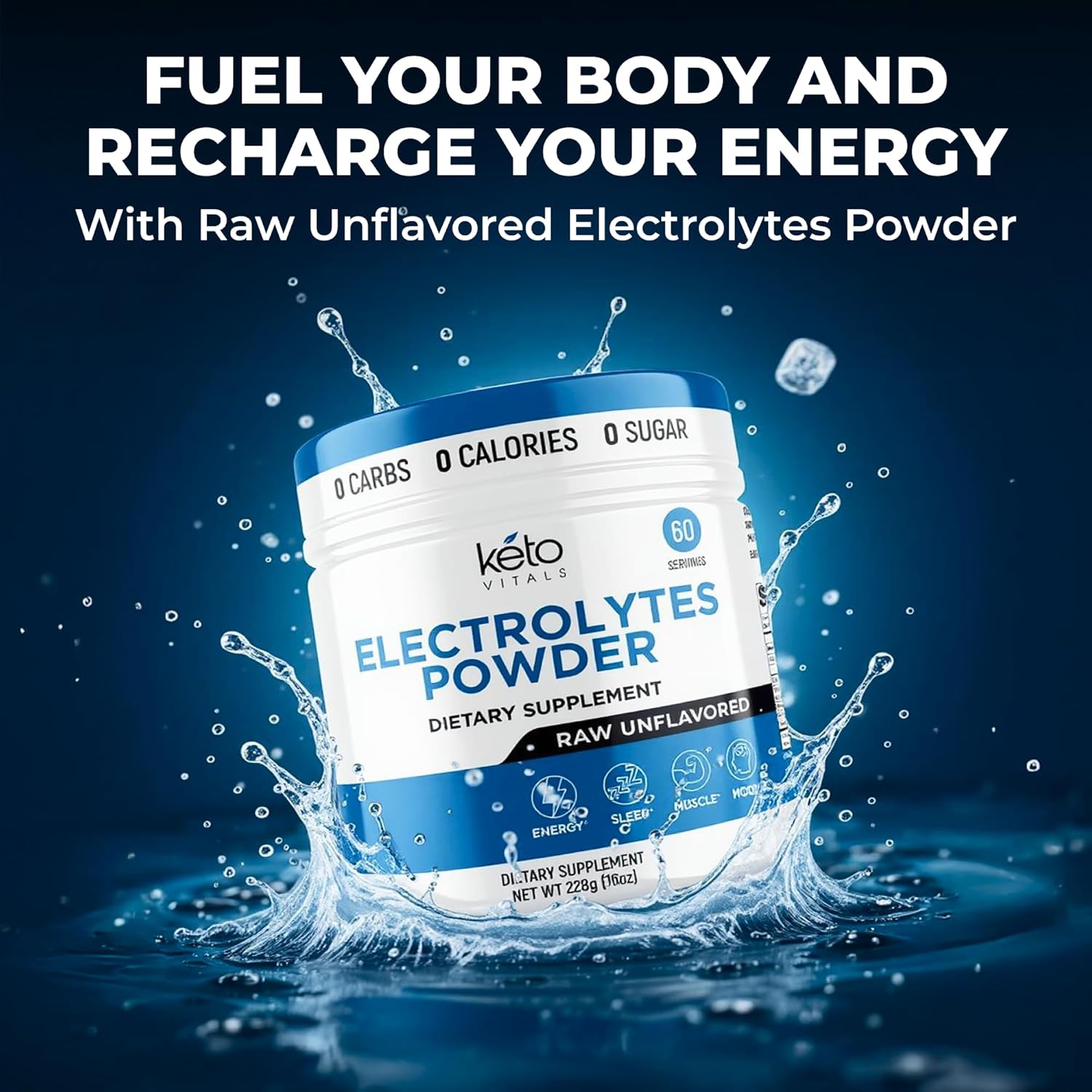 Keto Vitals Unflavored Electrolyte Powder - Sugar Free Electrolytes for Fasting, Keto & Hydration - No Sugar, No Flavor - Flavorless Electrolytes Powder Tub - 60 Servings
